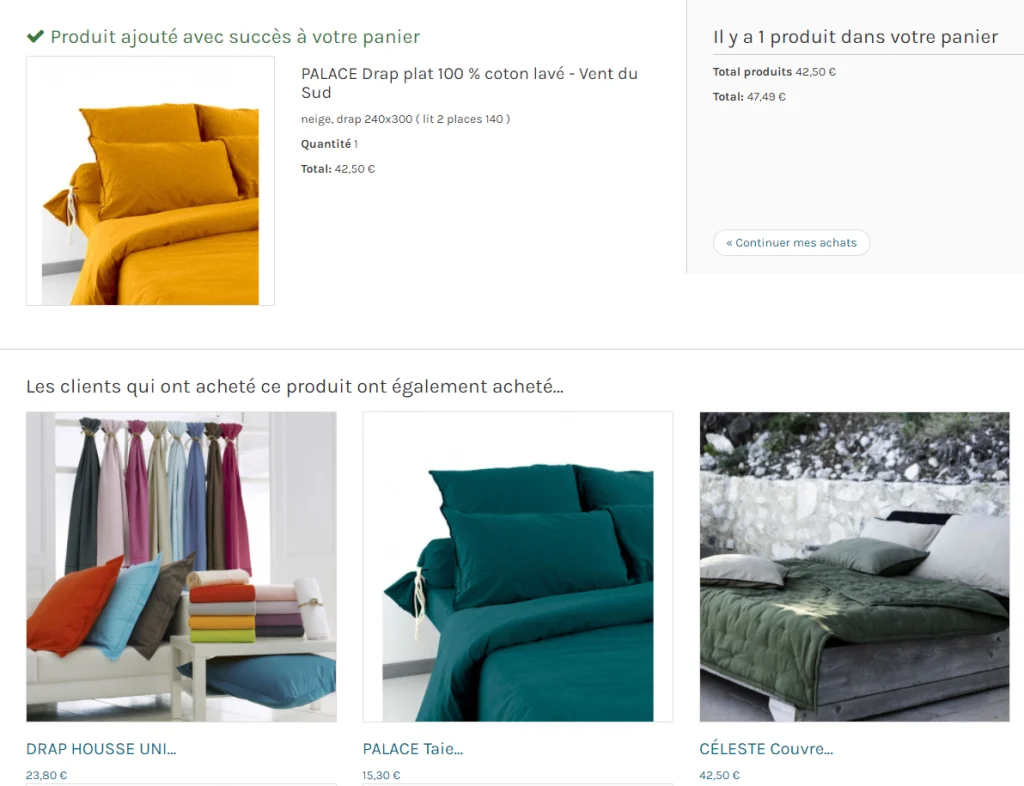 encart pour des produits en vente croisée sur un site internet de linge de maison