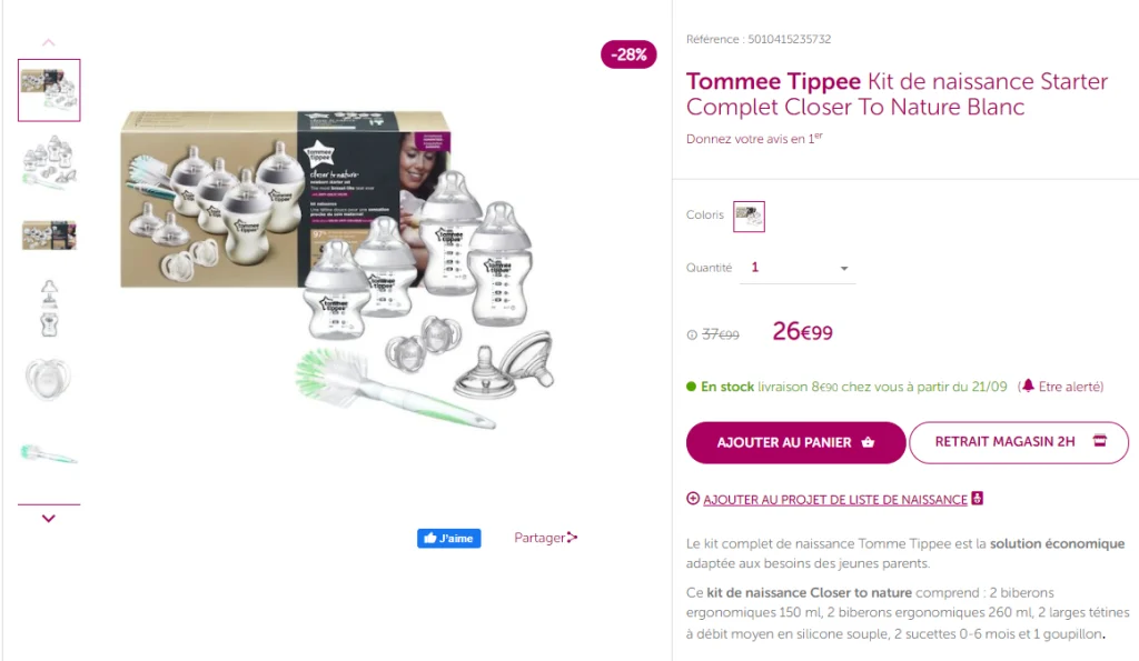 produit vendu en pack sur un site e-commerce d'équipement pour les bébés