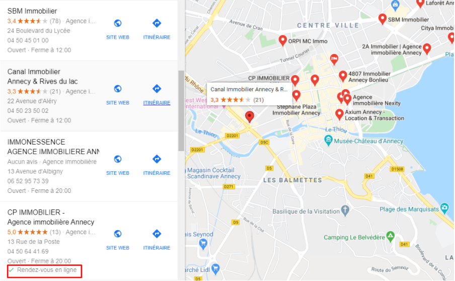 Résultats de recherche SERP Google Map avec fiches établissement qui contient "Rendez-vous en ligne"