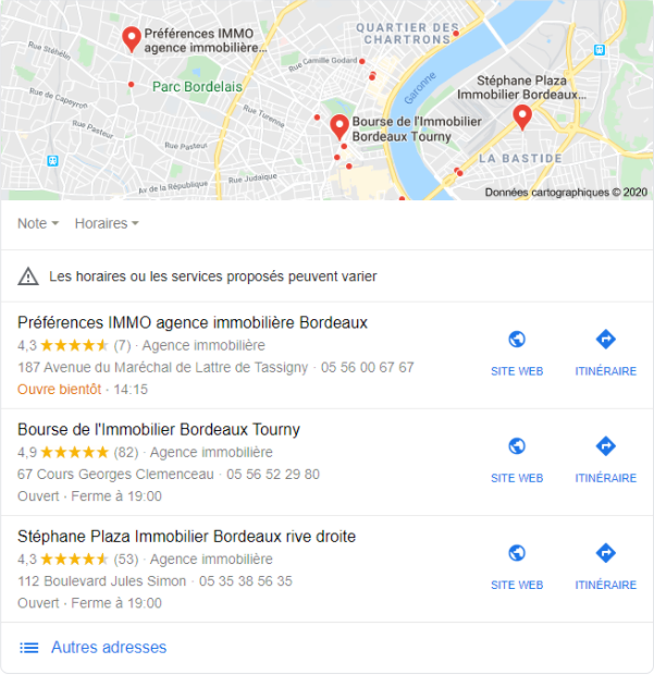 Résultats de recherche SERP Google Map avec fiches établissement