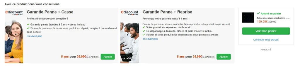 Options supplémentaires à l'étape d'ajout au panier pour upselling